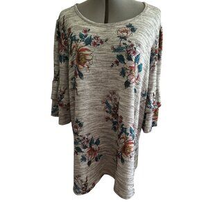 EST. 1846 18/20W Floral Print Heather Gray 3/4 Sleeve Tunic Top Bell Sleeves